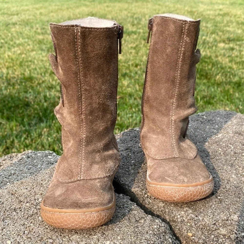 TIEMPO BOOTS~GOLD EMBOSSED~LEATHER CLOCK BUTTONS~TAUPE~SOFT SUEDE EXTERIOR ~BR